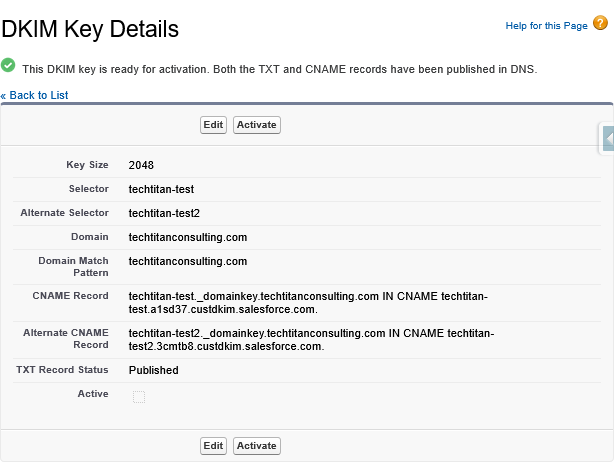 DKIM Key Details page with the ability to activate the key now.