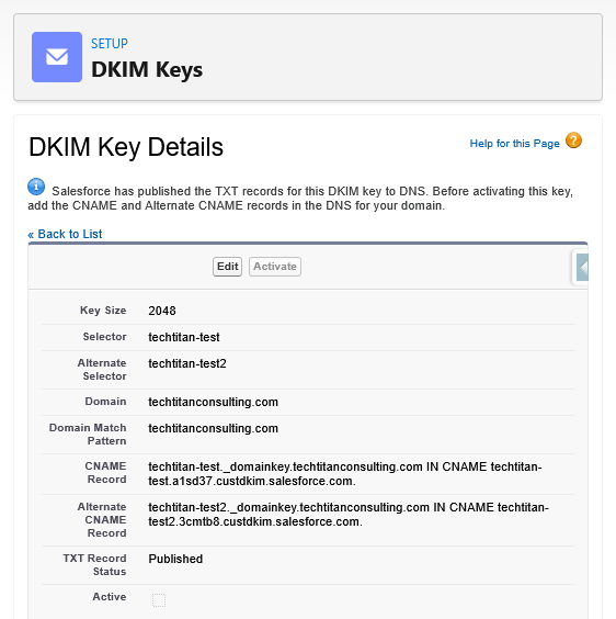 The DKIM Key Details Page