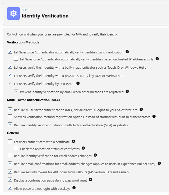 Salesforce Setup Identity Verification page showing verification methods and MFA settings