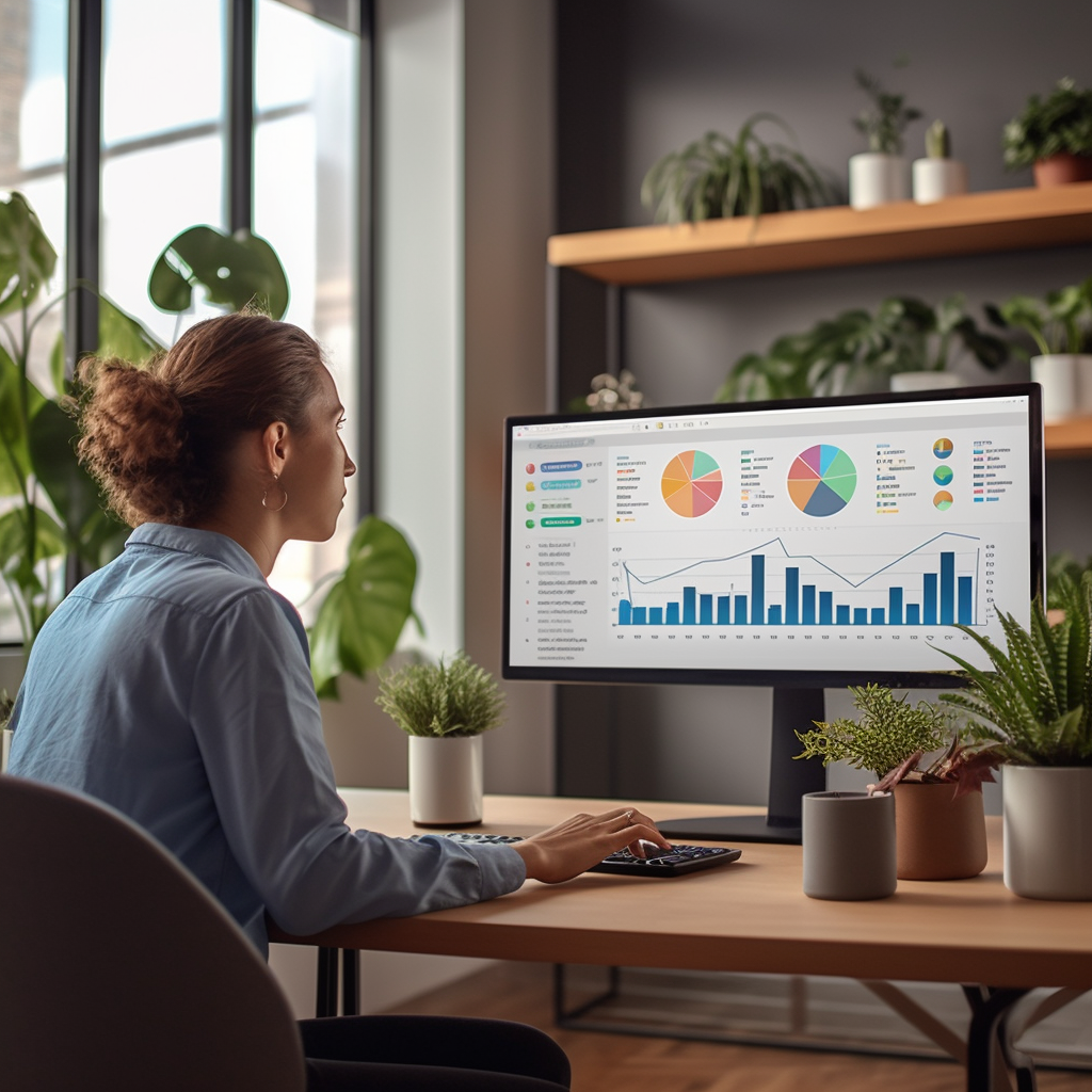 A business person is using a computer to look at reporting dashboards